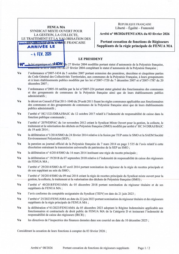 Ar 08.2026_portant cessation de fonctions regisseurs supp