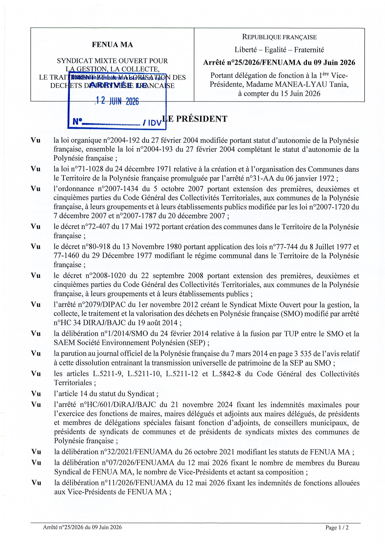Arrêté n°25/2026/fenuama du 09 juin 2026