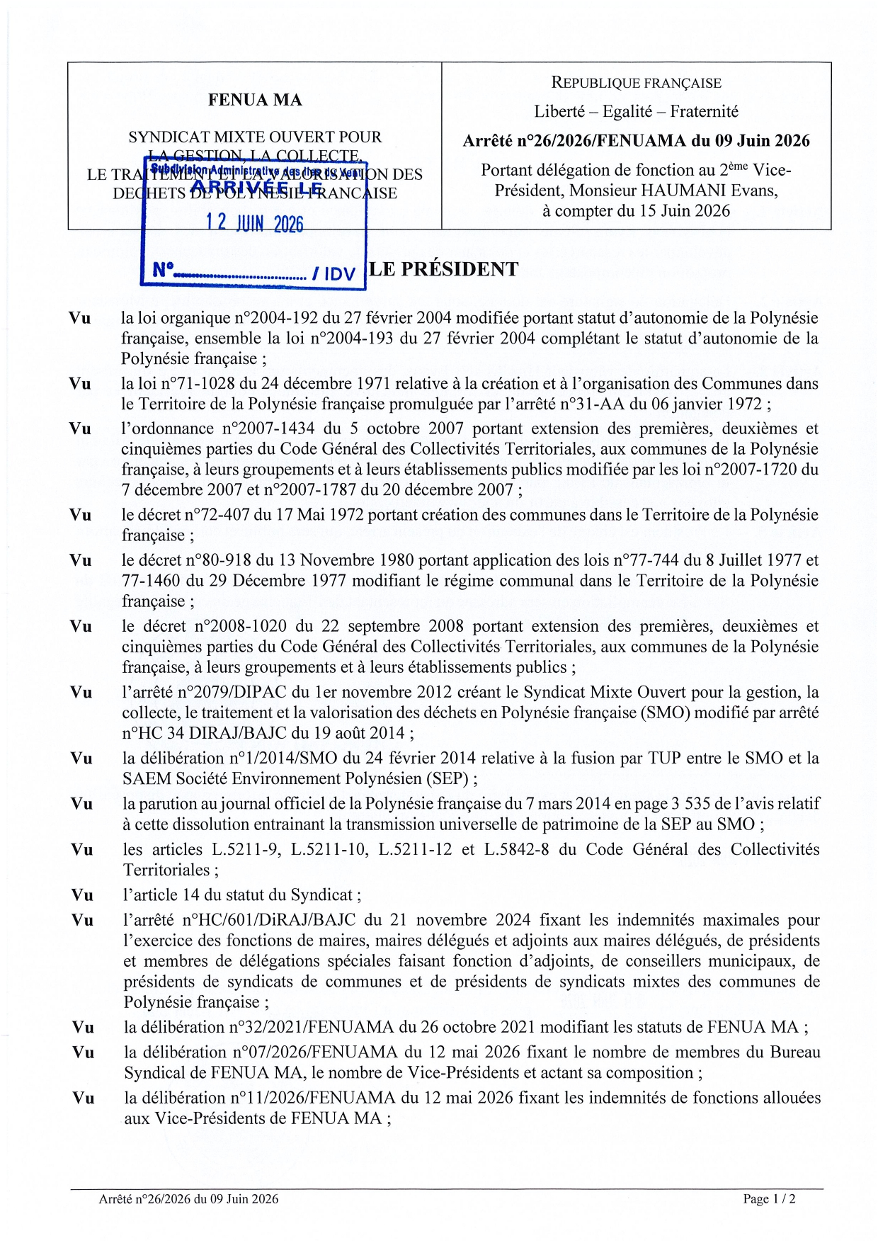 Arrêté n°26/2026/fenuama du 09 juin 2026