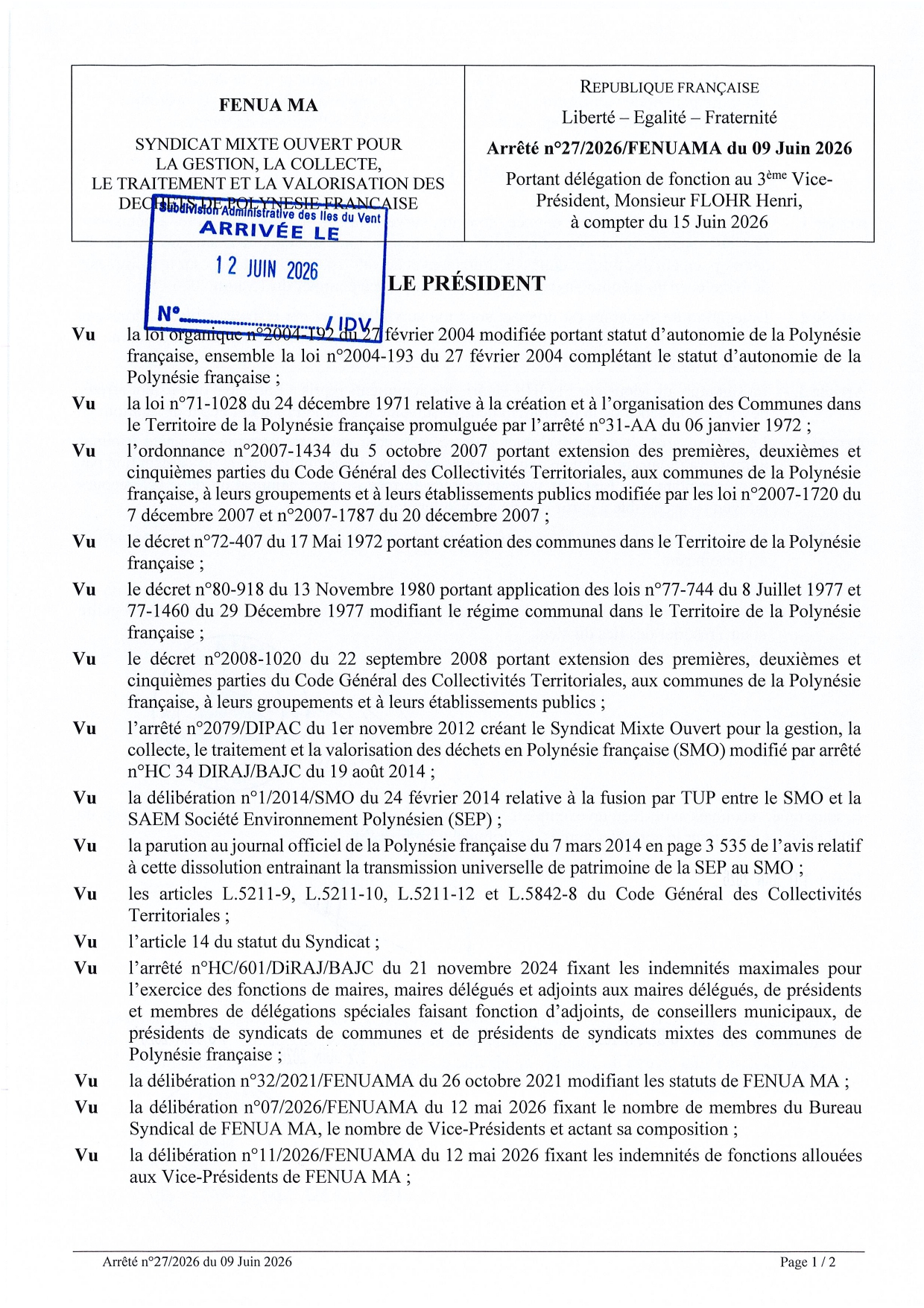 Arrêté n°27/2026/fenuama du 09 juin 2026