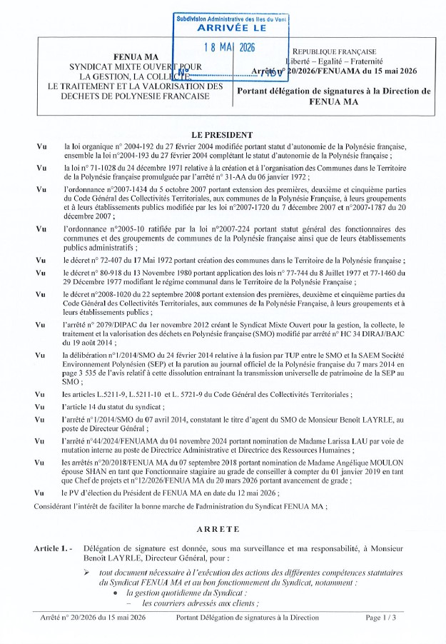 Arrêté nº 15/2026/fenuama du 15 mai 2026 - portant de délégation de signatures de la direction de fenua ma 