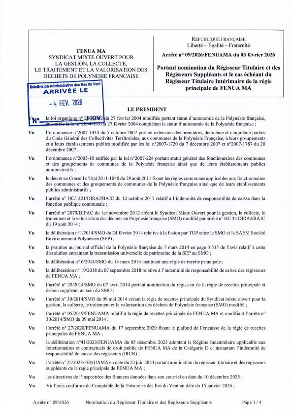 Arrêté nº 09/2026/fenuama du 03 février 2026